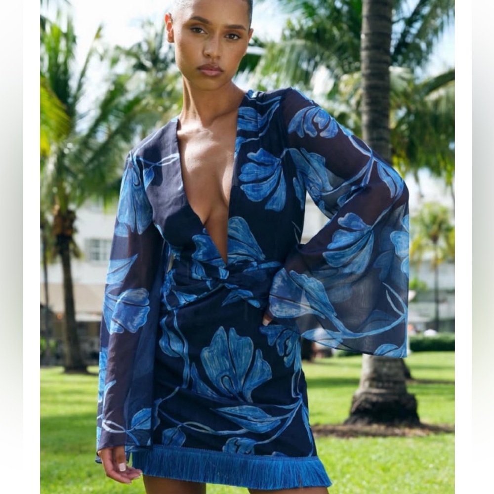 PATBO Blue Floral Long Sleeve Mini with Fringe